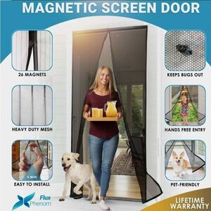 Hands Free Black Heavy Mesh Magnetic Screen Door Easy Install NWOT